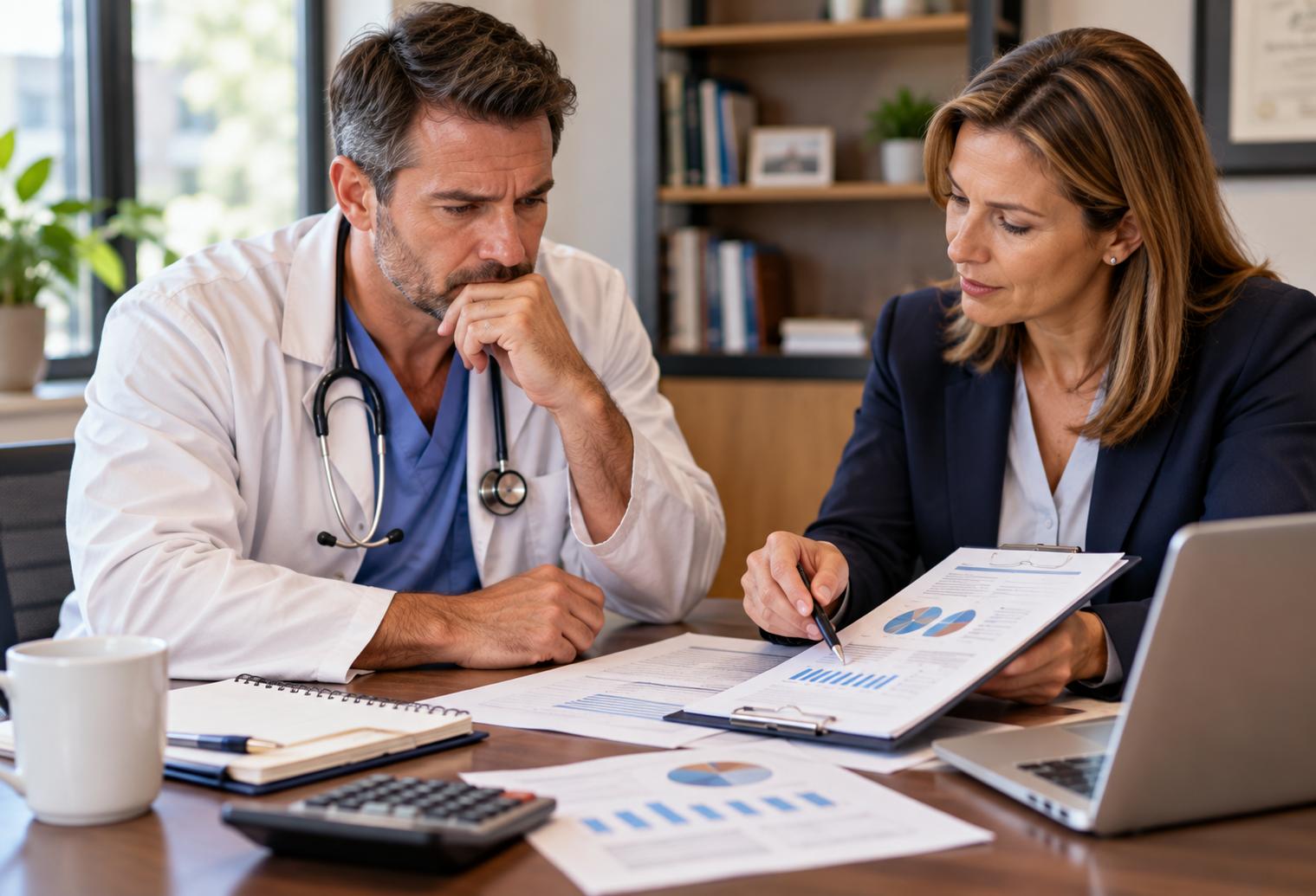 Medical practice owner reviewing financial reports with a financial advisor to determine whether a cash balance retirement plan is worth the investment.